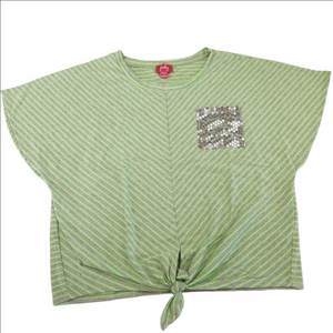 Pinky Sporty Blouse Lime Green & Gray Stripes Size Large (14.5/16.5)